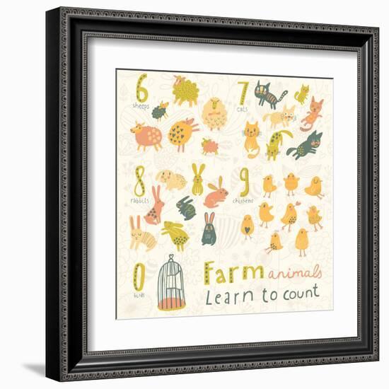 Farm Animals. Learn to Count Part One. 6 Sheep, 7 Cats, 8 Rabbits, 9 Chickens, 0 Birds. Funny Carto-smilewithjul-Framed Art Print