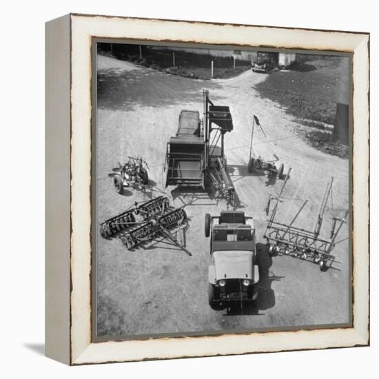 Farm Equipment Surrounding a Farmer's Jeep in Demonstration of Postwar Uses for Military Vehicles-Myron Davis-Framed Premier Image Canvas