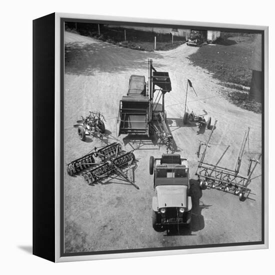 Farm Equipment Surrounding a Farmer's Jeep in Demonstration of Postwar Uses for Military Vehicles-Myron Davis-Framed Premier Image Canvas