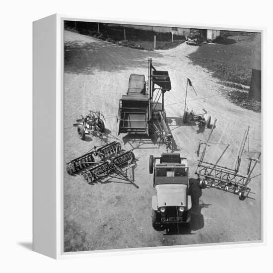 Farm Equipment Surrounding a Farmer's Jeep in Demonstration of Postwar Uses for Military Vehicles-Myron Davis-Framed Premier Image Canvas