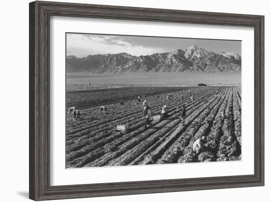 Farm, Farm Workers, Mt. Williamson in Background-Ansel Adams-Framed Art Print