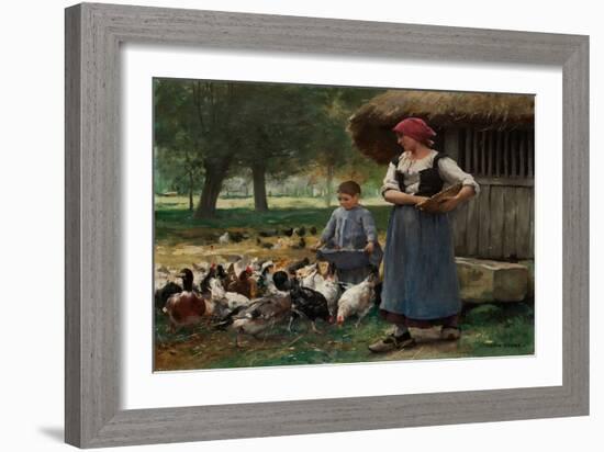 Farm Girl Feeding Chickens (Oil on Canvas)-Julien Dupre-Framed Giclee Print