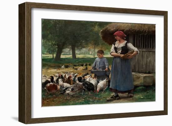 Farm Girl Feeding Chickens (Oil on Canvas)-Julien Dupre-Framed Giclee Print