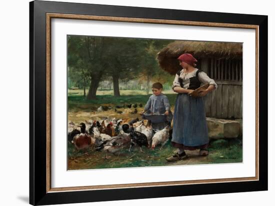 Farm Girl Feeding Chickens (Oil on Canvas)-Julien Dupre-Framed Giclee Print