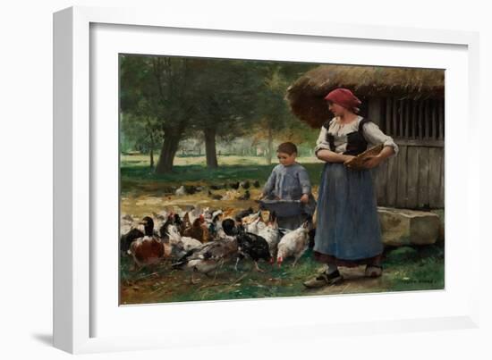 Farm Girl Feeding Chickens (Oil on Canvas)-Julien Dupre-Framed Giclee Print