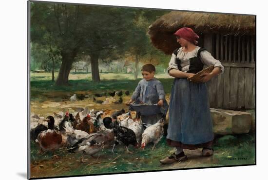 Farm Girl Feeding Chickens (Oil on Canvas)-Julien Dupre-Mounted Giclee Print