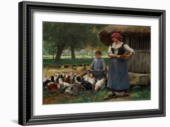 Farm Girl Feeding Chickens (Oil on Canvas)-Julien Dupre-Framed Giclee Print