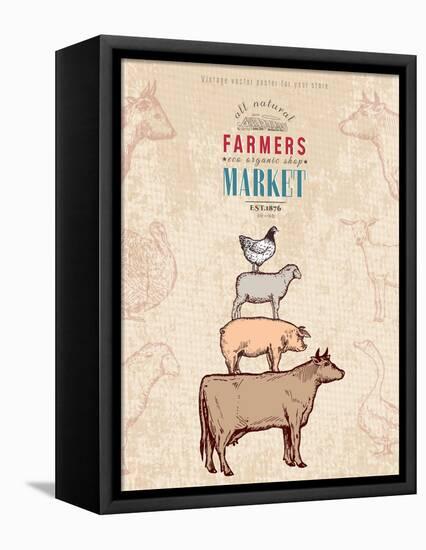 Farm Shop Vintage Poster Retro Butcher Shop Farm Animals Livestock Farming Poster Hand Drawn Ink Ve-intueri-Framed Stretched Canvas