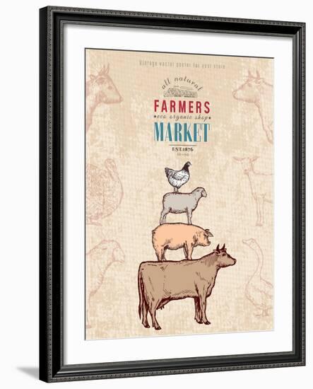 Farm Shop Vintage Poster Retro Butcher Shop Farm Animals Livestock Farming Poster Hand Drawn Ink Ve-intueri-Framed Art Print