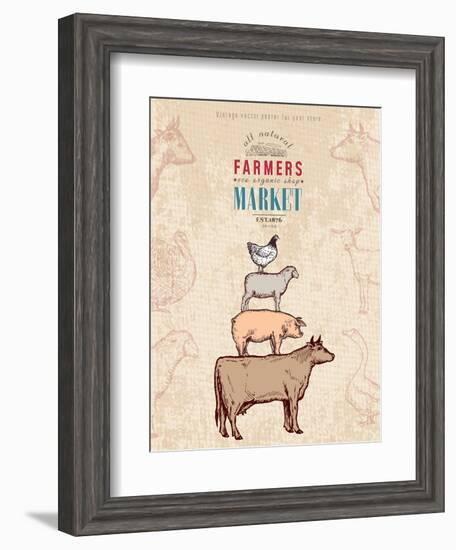 Farm Shop Vintage Poster Retro Butcher Shop Farm Animals Livestock Farming Poster Hand Drawn Ink Ve-intueri-Framed Art Print