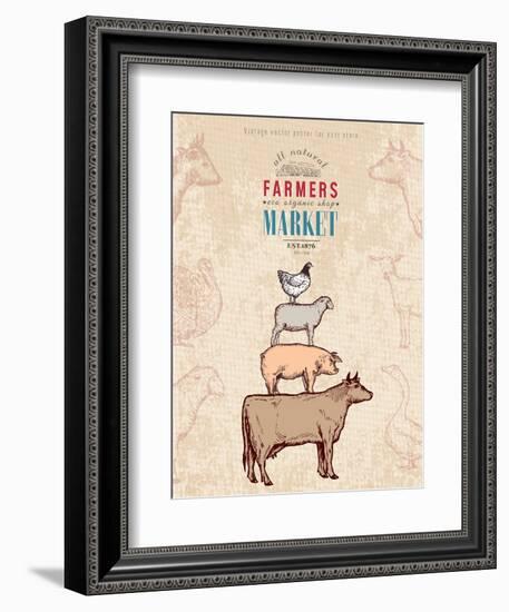 Farm Shop Vintage Poster Retro Butcher Shop Farm Animals Livestock Farming Poster Hand Drawn Ink Ve-intueri-Framed Art Print