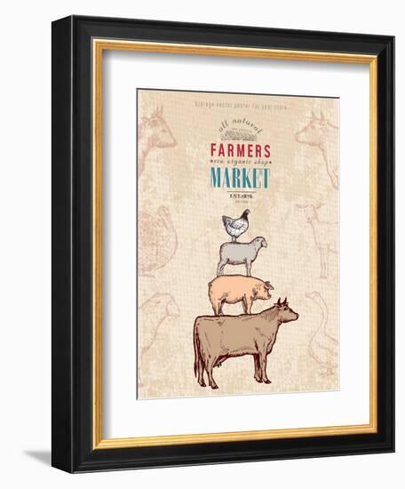 Farm Shop Vintage Poster Retro Butcher Shop Farm Animals Livestock Farming Poster Hand Drawn Ink Ve-intueri-Framed Art Print