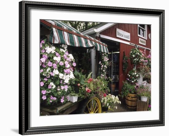 Farm Stand in Red Barn with Flowers, Long Island, New York, USA-Merrill Images-Framed Photographic Print