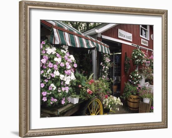 Farm Stand in Red Barn with Flowers, Long Island, New York, USA-Merrill Images-Framed Photographic Print