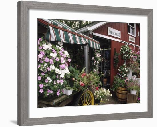 Farm Stand in Red Barn with Flowers, Long Island, New York, USA-Merrill Images-Framed Photographic Print