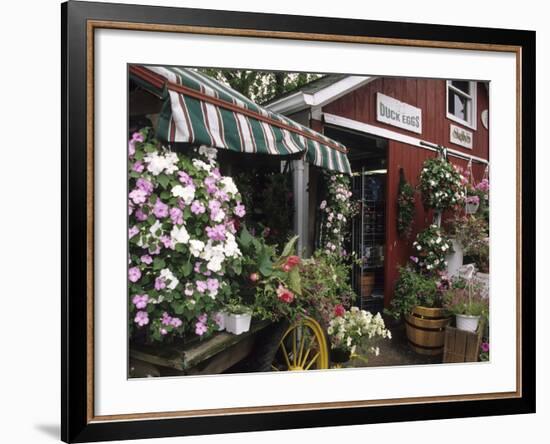 Farm Stand in Red Barn with Flowers, Long Island, New York, USA-Merrill Images-Framed Photographic Print