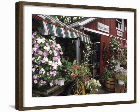 Farm Stand in Red Barn with Flowers, Long Island, New York, USA-Merrill Images-Framed Photographic Print