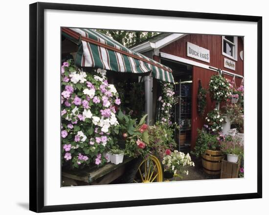 Farm Stand in Red Barn with Flowers, Long Island, New York, USA-Merrill Images-Framed Photographic Print