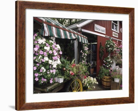 Farm Stand in Red Barn with Flowers, Long Island, New York, USA-Merrill Images-Framed Photographic Print