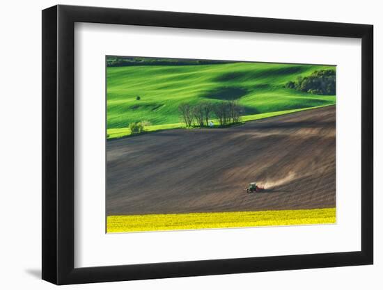 Farm Tractor Handles Earth on Field - Preparing Farmland for Sowing, Agricultural Landscape-Dmytro Balkhovitin-Framed Photographic Print