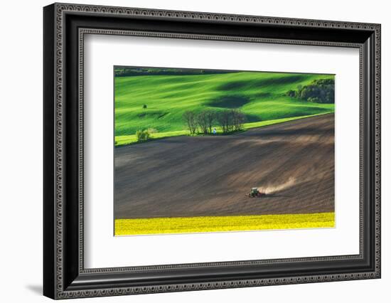 Farm Tractor Handles Earth on Field - Preparing Farmland for Sowing, Agricultural Landscape-Dmytro Balkhovitin-Framed Photographic Print