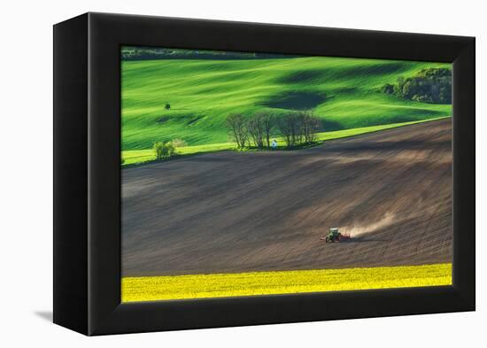 Farm Tractor Handles Earth on Field - Preparing Farmland for Sowing, Agricultural Landscape-Dmytro Balkhovitin-Framed Premier Image Canvas