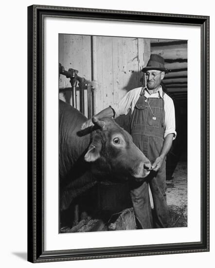 Farm Worker Petting One of the Cows Living on a Dairy Farm-Hansel Mieth-Framed Photographic Print