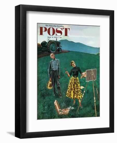 "Farmer and Female Artist in Field" Saturday Evening Post Cover, June 6, 1953-George Hughes-Framed Giclee Print
