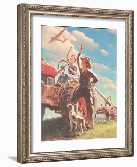 Farmer and Son Waving to Airplane-null-Framed Giclee Print