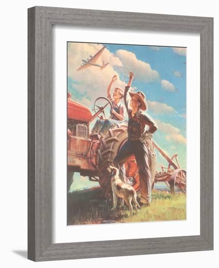 Farmer and Son Waving to Airplane-null-Framed Giclee Print