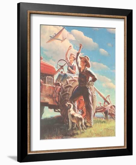 Farmer and Son Waving to Airplane-null-Framed Giclee Print