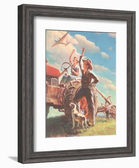 Farmer and Son Waving to Airplane-null-Framed Giclee Print