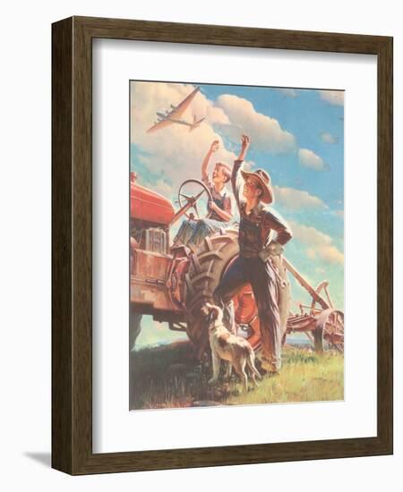 Farmer and Son Waving to Airplane-null-Framed Giclee Print