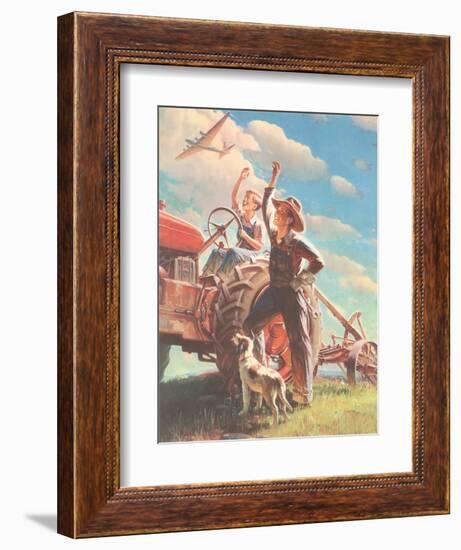 Farmer and Son Waving to Airplane-null-Framed Giclee Print