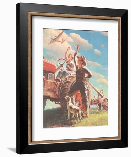 Farmer and Son Waving to Airplane-null-Framed Giclee Print