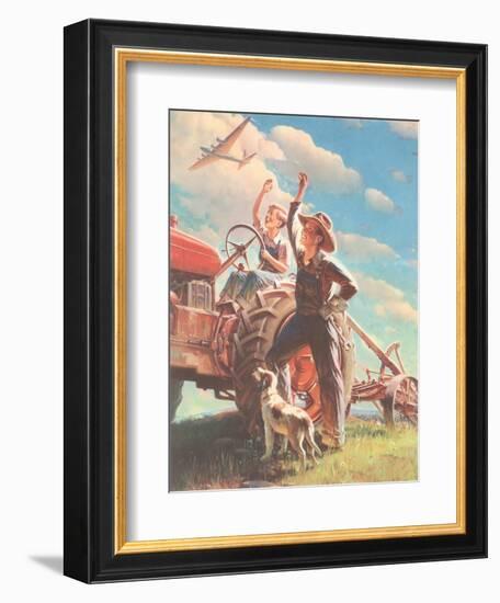 Farmer and Son Waving to Airplane-null-Framed Giclee Print