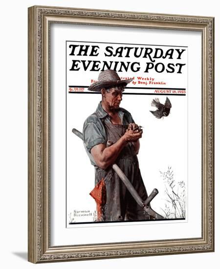 "Farmer and the Bird" or "Harvest Time" Saturday Evening Post Cover, August 18,1923-Norman Rockwell-Framed Giclee Print