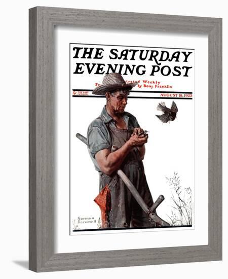 "Farmer and the Bird" or "Harvest Time" Saturday Evening Post Cover, August 18,1923-Norman Rockwell-Framed Giclee Print