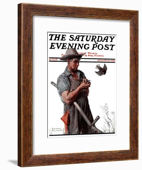 "Farmer and the Bird" or "Harvest Time" Saturday Evening Post Cover, August 18,1923-Norman Rockwell-Framed Giclee Print