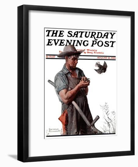 "Farmer and the Bird" or "Harvest Time" Saturday Evening Post Cover, August 18,1923-Norman Rockwell-Framed Giclee Print