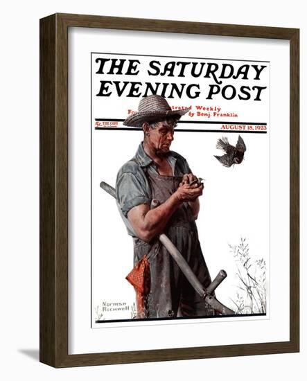 "Farmer and the Bird" or "Harvest Time" Saturday Evening Post Cover, August 18,1923-Norman Rockwell-Framed Giclee Print