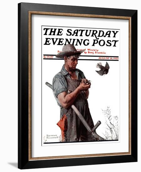 "Farmer and the Bird" or "Harvest Time" Saturday Evening Post Cover, August 18,1923-Norman Rockwell-Framed Giclee Print