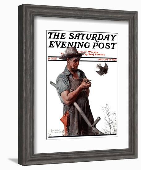 "Farmer and the Bird" or "Harvest Time" Saturday Evening Post Cover, August 18,1923-Norman Rockwell-Framed Giclee Print