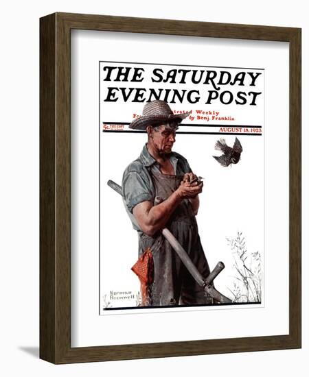 "Farmer and the Bird" or "Harvest Time" Saturday Evening Post Cover, August 18,1923-Norman Rockwell-Framed Giclee Print