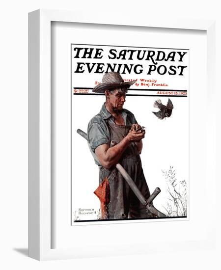 "Farmer and the Bird" or "Harvest Time" Saturday Evening Post Cover, August 18,1923-Norman Rockwell-Framed Giclee Print