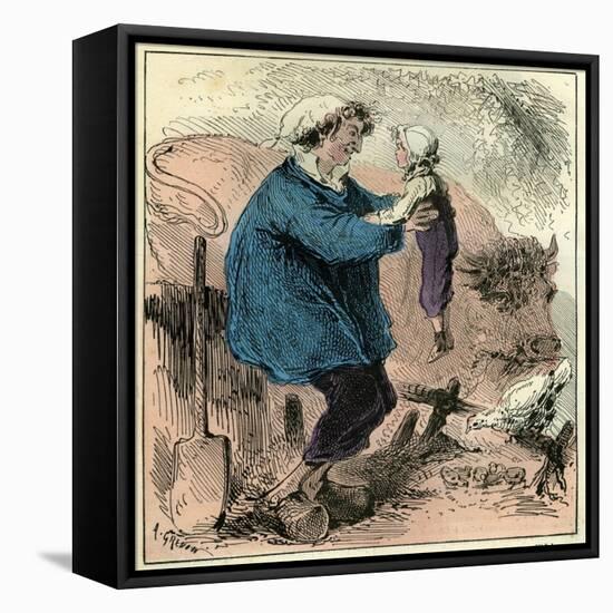 Farmer Child 19th Century Chicken Spade Country Side France-null-Framed Premier Image Canvas