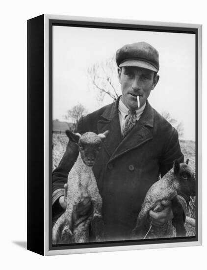 Farmer Holding His New Born Lambs in the Cotswolds-Henry Grant-Framed Premier Image Canvas