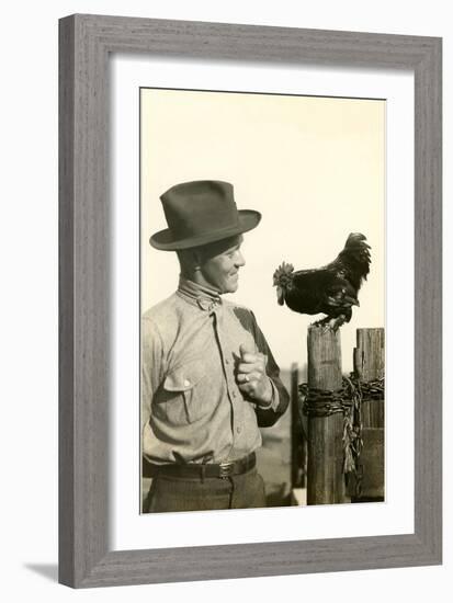 Farmer Talking to Rooster-null-Framed Art Print