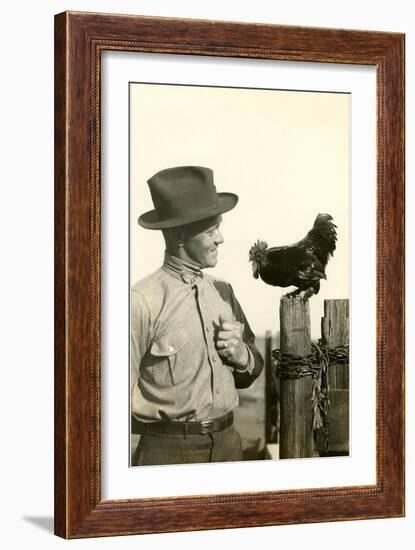 Farmer Talking to Rooster-null-Framed Art Print