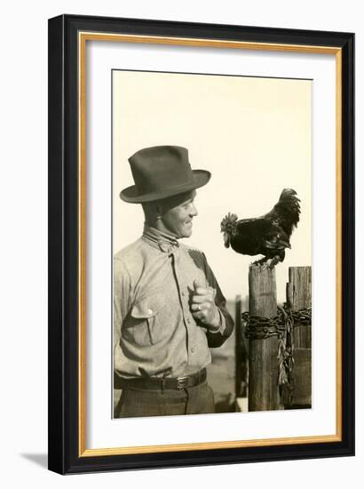 Farmer Talking to Rooster-null-Framed Art Print